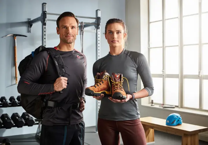 Diverse climbers with weighted packs and mountaineering boots in a gym, symbolizing complete preparation for a Mt Baker guided climb.