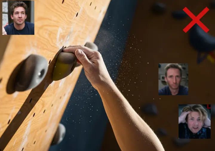 A climber's hand reaching for a slightly smaller hold on a hangboard, symbolizing safe progression in hangboard training, with subtle visual cues of pitfalls in the background.