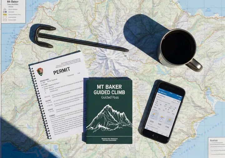 Flat lay of a topographic map, permits, and travel items, representing mountain logistics and planning for a Mt Baker guided climb.
