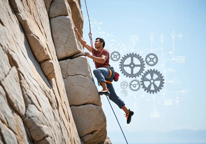 A climber on a rock face with a subtle strategic overlay, representing the advanced tailoring of a ketogenic diet for specific climbing goals and disciplines.
