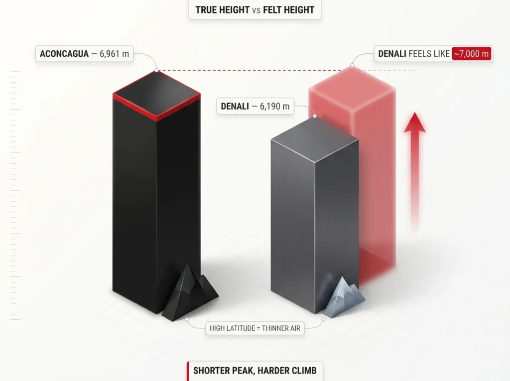 Comparison infographic showing Aconcagua vs Denali true elevation with Denali's effective physiological altitude bar