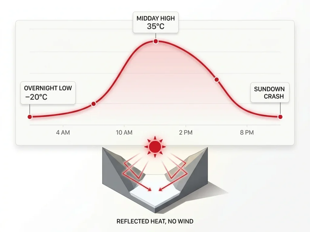 Infographic showing Camp 1's 24-hour temperature swing from -20°C overnight to 35°C midday with reflective Western Cwm walls