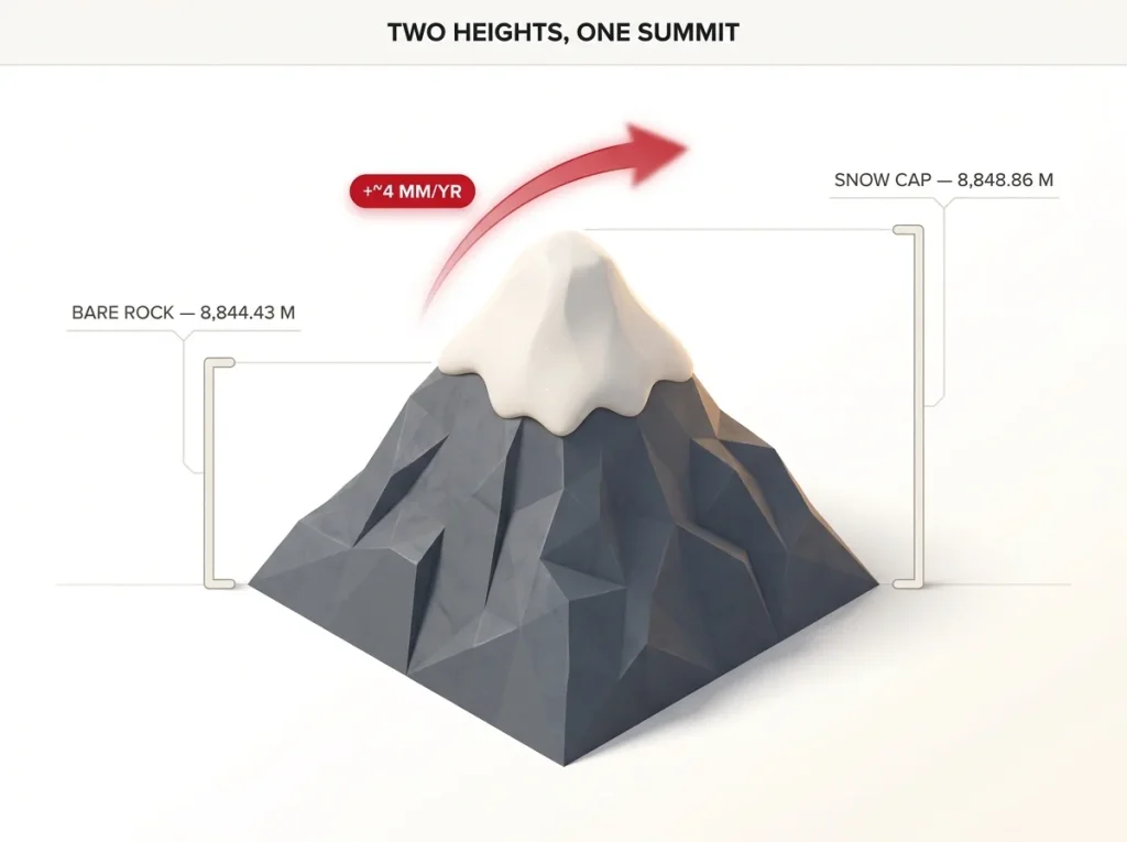 Height comparison diagram of Everest summit showing bare rock 8,844.43m versus snow cap 8,848.86m with growth arrow