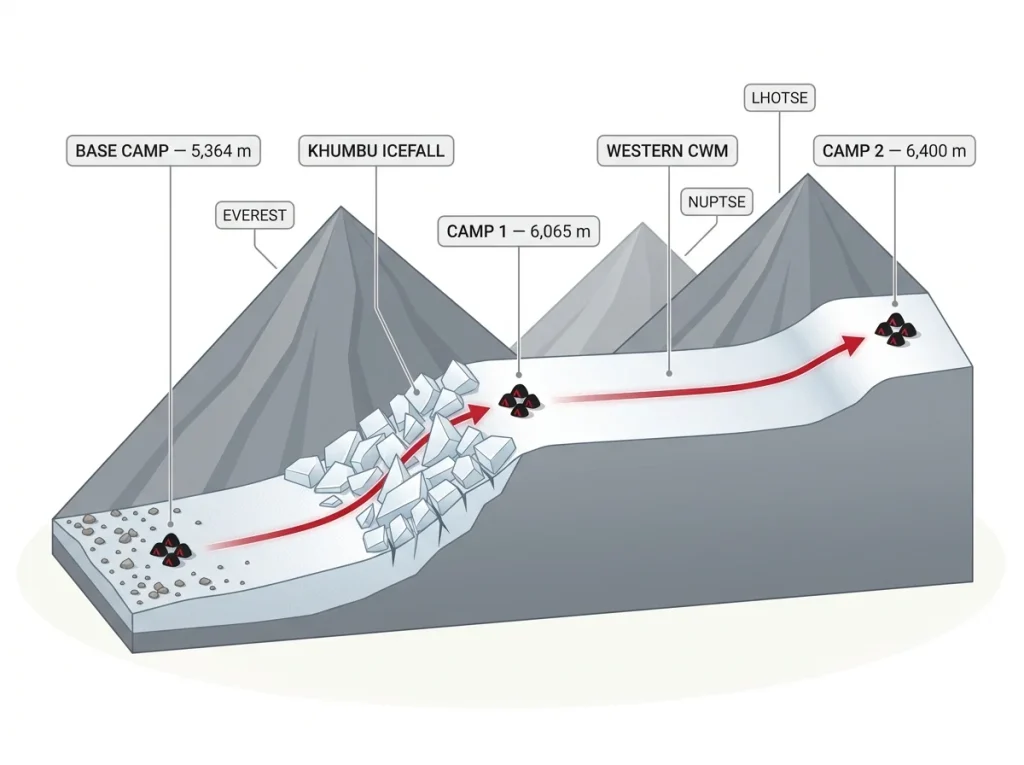 Infographic showing Everest South Side elevation cross-section from Base Camp through Khumbu Icefall, Camp 1, Western Cwm, to Camp 2