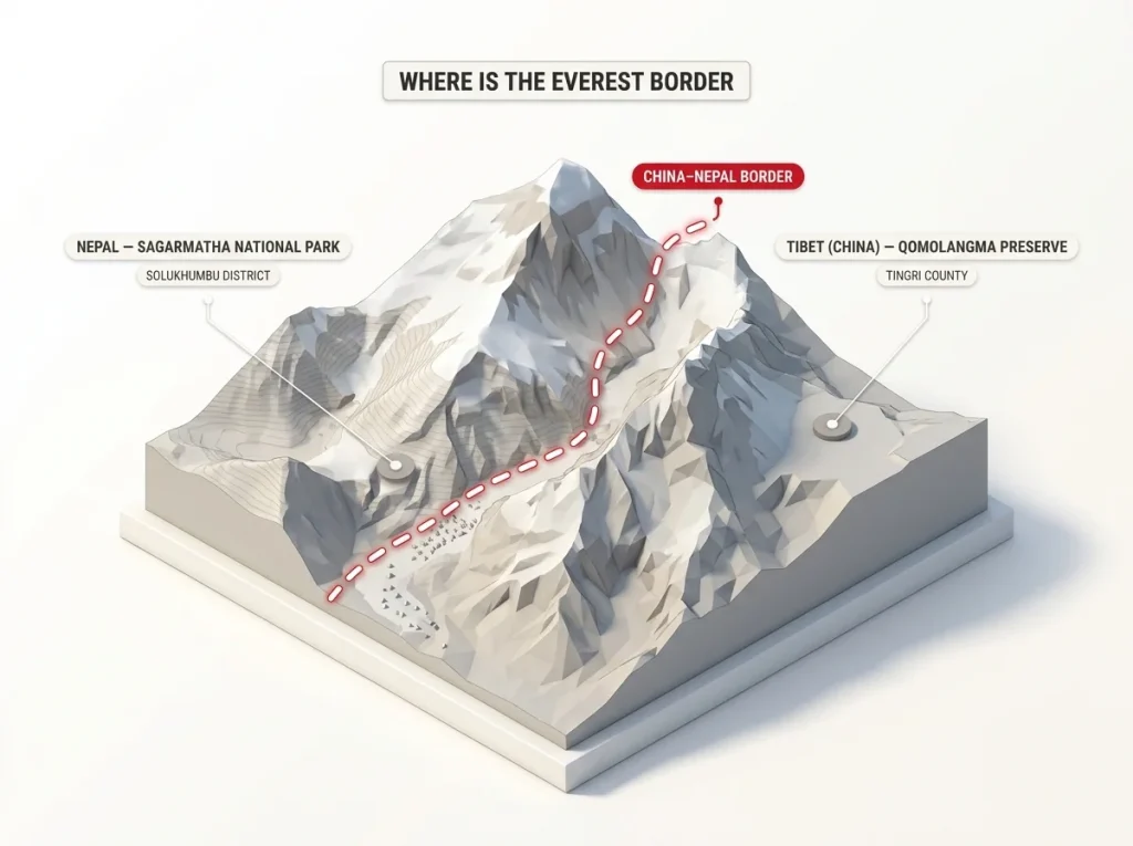 Locator map showing Everest summit split by Nepal-China border, with Sagarmatha and Qomolangma zones labeled