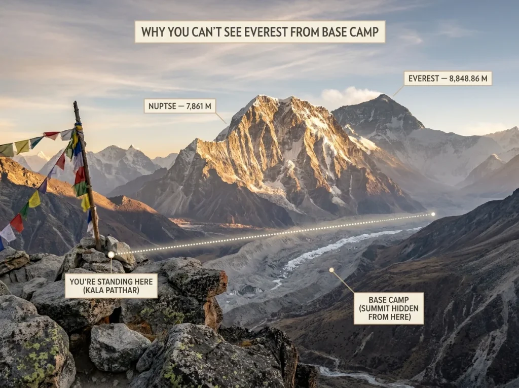 Annotated Kala Patthar viewpoint photo showing Everest hidden behind Nuptse-Lhotse wall, with Base Camp sightline marked