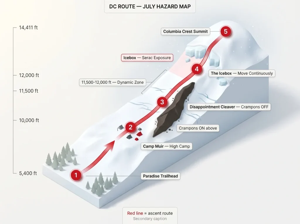 Elevation-profile diagram of Rainier's DC route showing crampon transitions, the 11,500-12,000 ft hazard band, and Icebox exposure zone