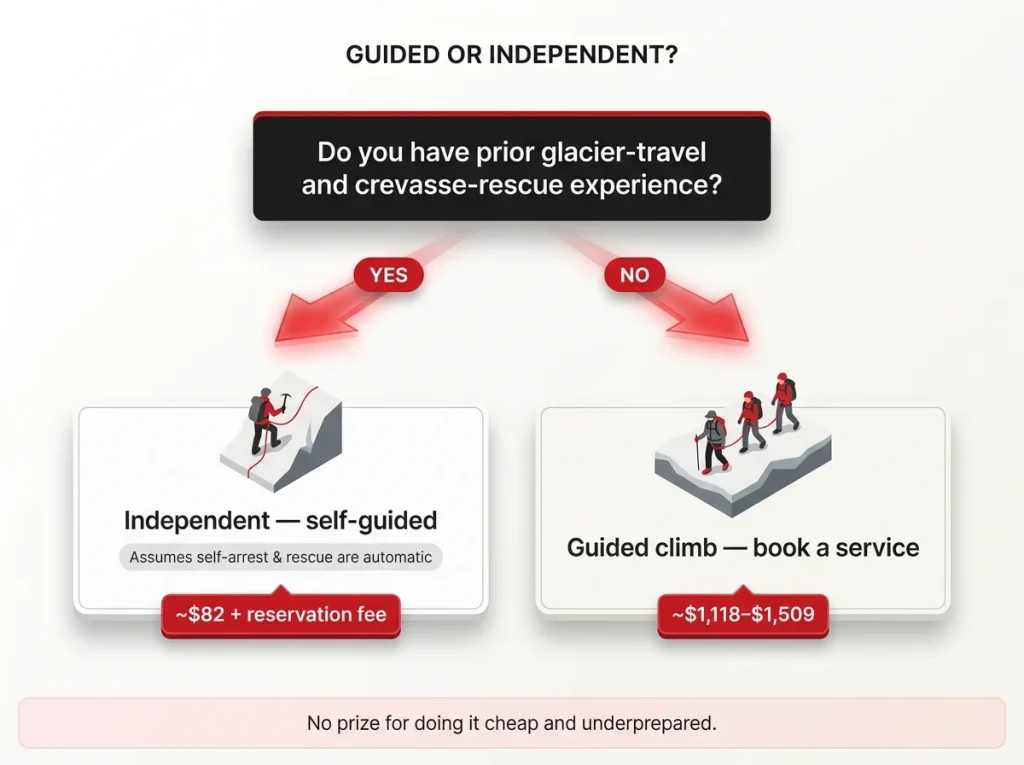 Decision-tree flowchart for climbing Rainier — glacier experience question branching to the ~$82 independent path or the ~$1,118-$1,509 guided path