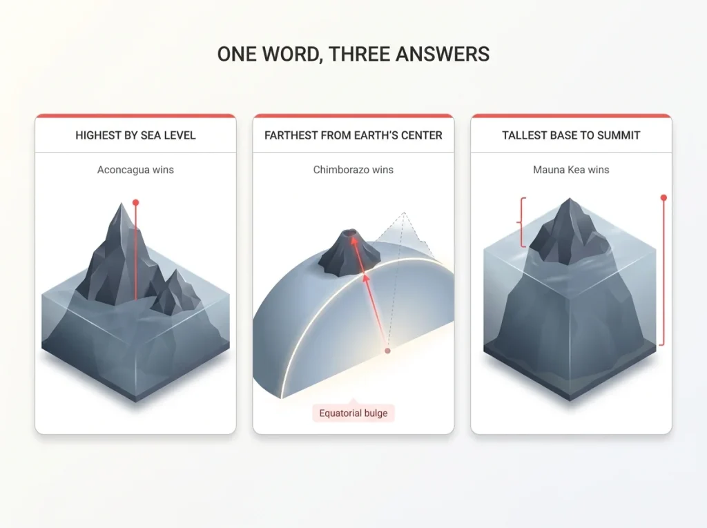 Three-panel diagram comparing highest by sea level, distance from Earth's center, and base to summit