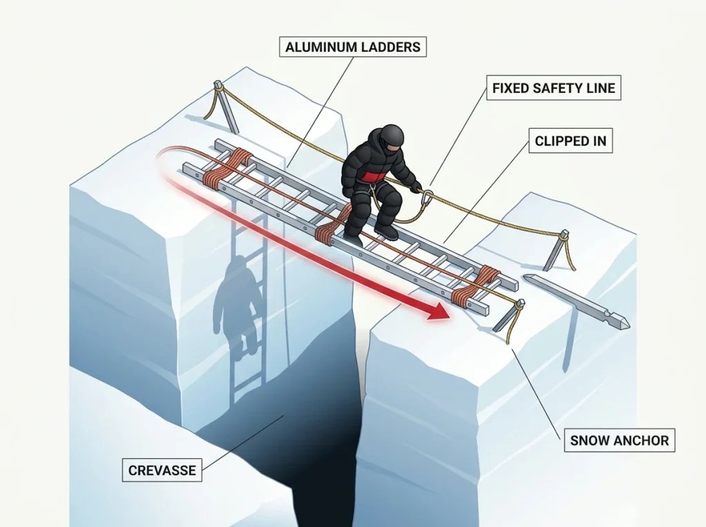 Infographic showing a horizontal ladder crevasse crossing in the Western Cwm with fixed safety lines and a clipped-in climber
