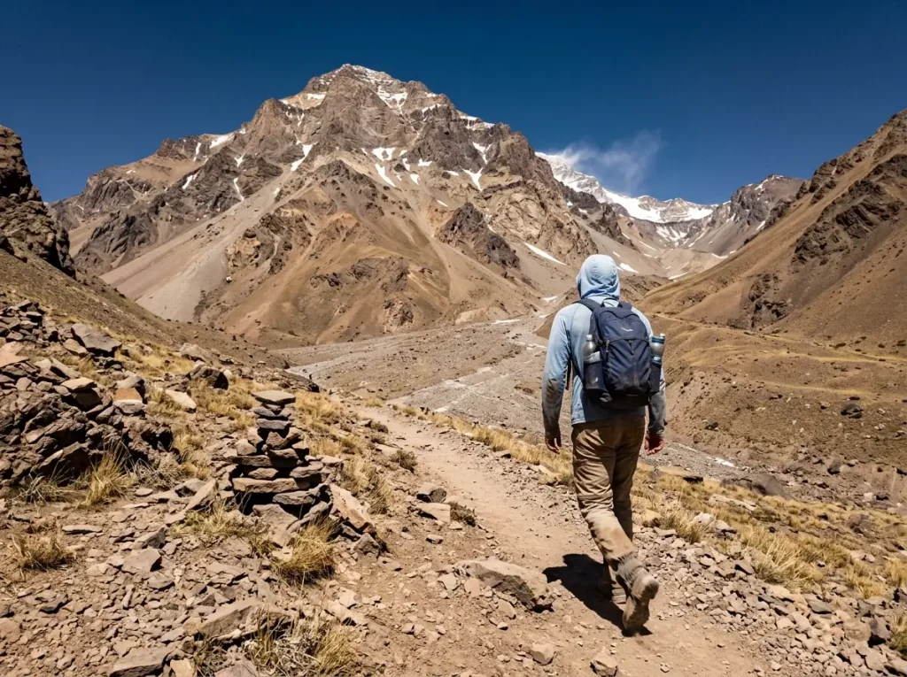  Aconcagua rising above the Horcones approach trail near Mendoza, Argentina, on a clear day
