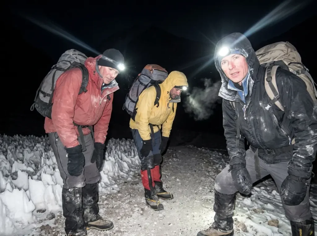 Climbers starting Aconcagua summit day in pre-dawn dark by headlamp on the wind-scoured Normal Route