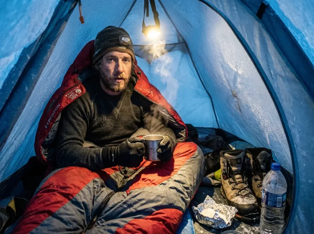 Climber resting in a too-warm down sleeping bag inside a tent at Everest Camp 1 at night