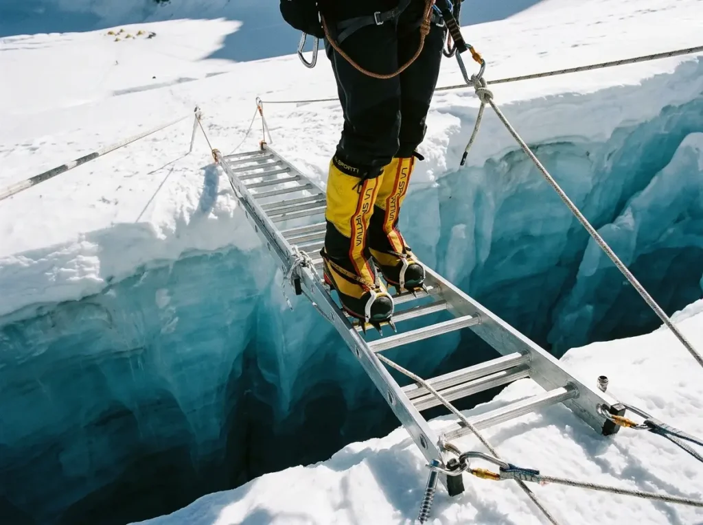 Mountaineer clipped to fixed lines crossing horizontal ladders over a crevasse above Camp 1