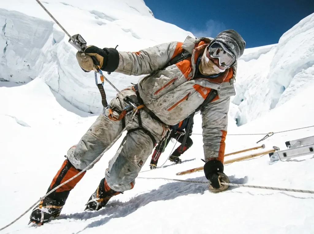 Climber clipped to a fixed rope ascending into the Western Cwm during an acclimatization rotation