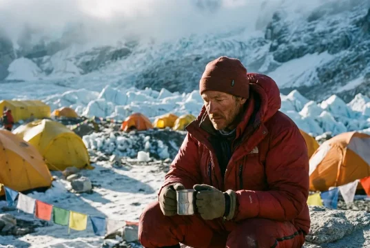 Why a Trip to Climb Mount Everest Is 90% Waiting Climber in a red down suit resting at Everest Base Camp below the Khumbu Icefall at dawn