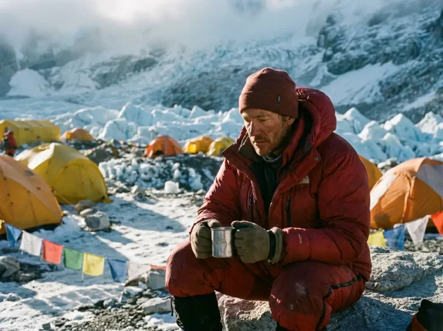 everest-base-camp-down-suit-dawn Climber in a red down suit resting at Everest Base Camp below the Khumbu Icefall at dawn