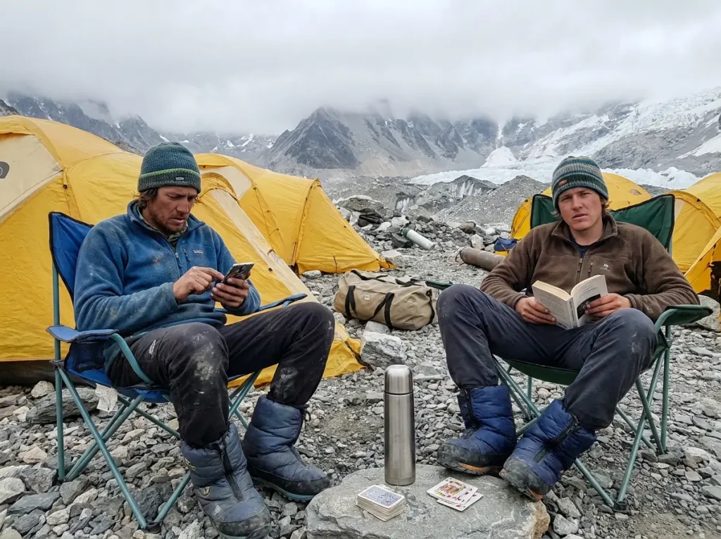 Climbers killing time on camp chairs outside tents at Everest Base Camp during a weather wait
