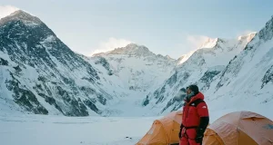 Sweating at 19,900 Feet? Welcome to Everest Camp 1 Everest Camp 1 tents in the Western Cwm at dawn below Lhotse and Nuptse