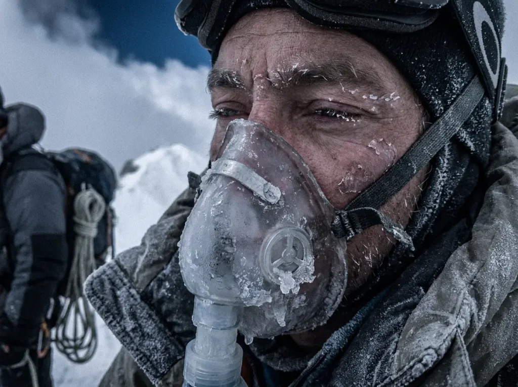 Close candid shot of a climber breathing through an oxygen mask in the Everest Death Zone