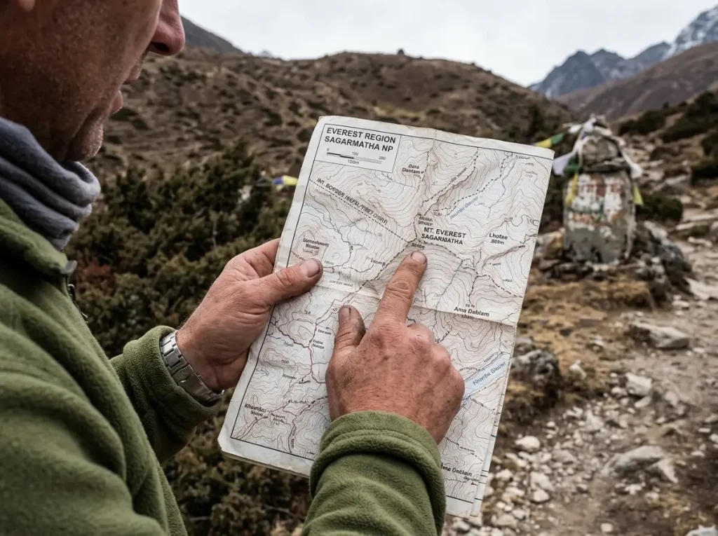 Trekker checking a folded topographic map of the Everest region at a Khumbu viewpoint