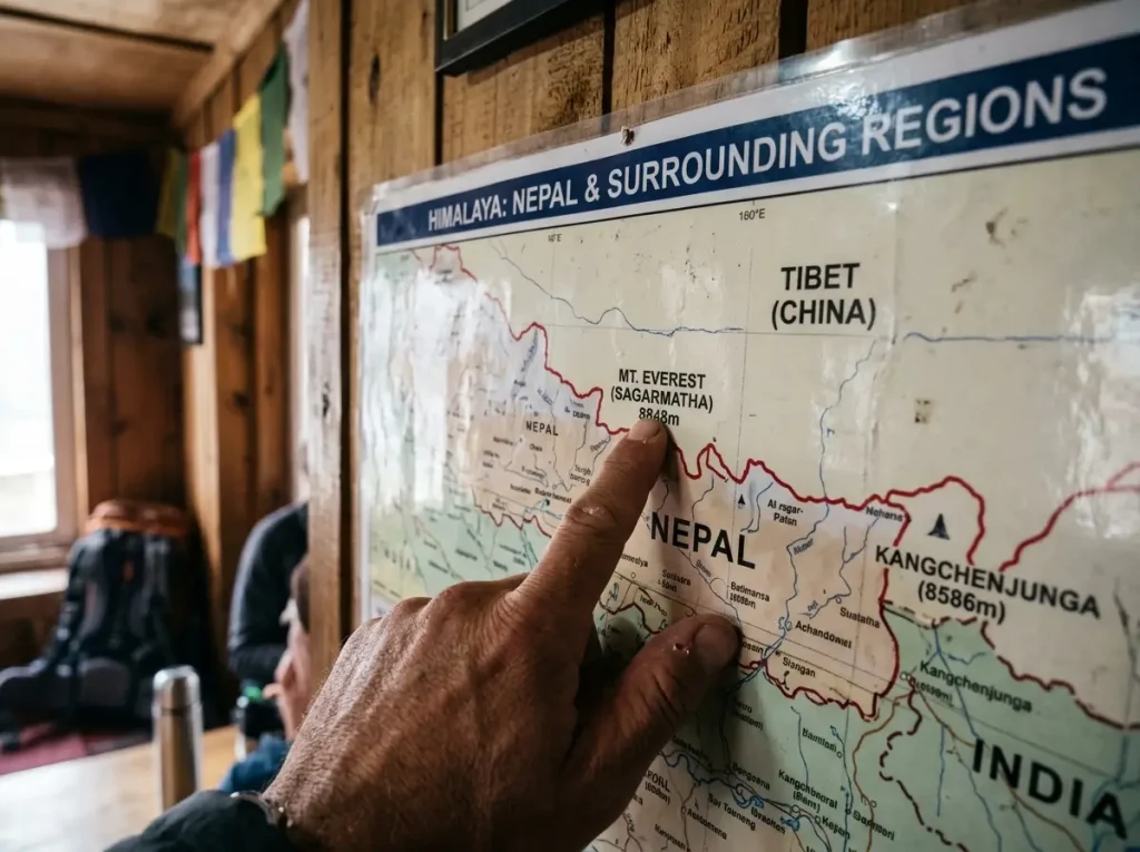 Hand tracing the Nepal–Tibet border on a regional Himalaya wall map in a teahouse