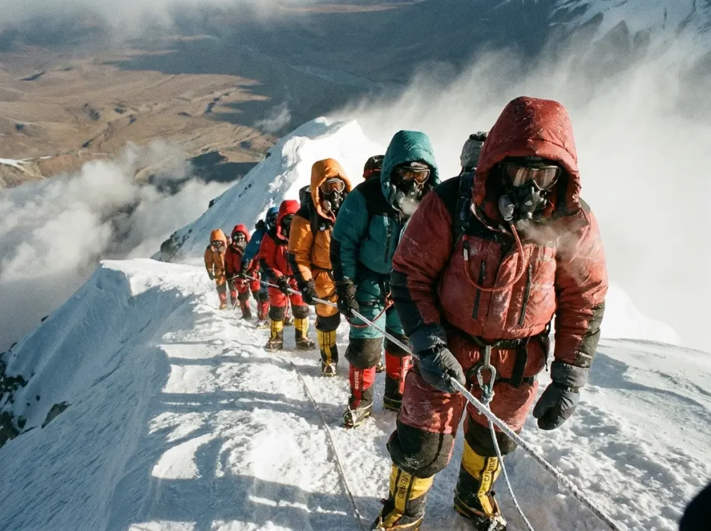 A queue of climbers waiting on a fixed rope on Everest's summit ridge during a traffic jam