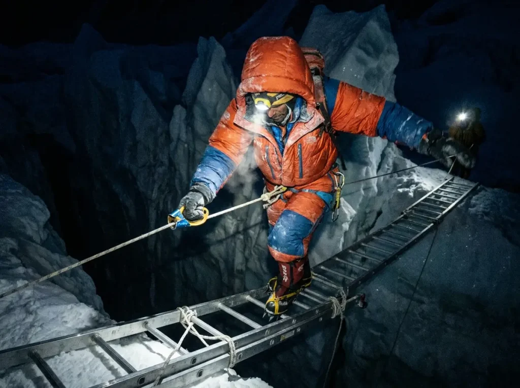 Climber crossing an aluminum ladder over a crevasse in the Khumbu Icefall before dawn
