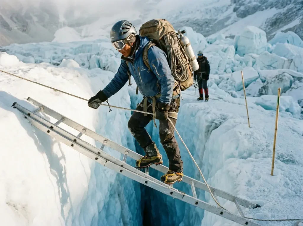 A Sherpa worker carrying a load across an aluminum ladder in the Khumbu Icefall at dawn
