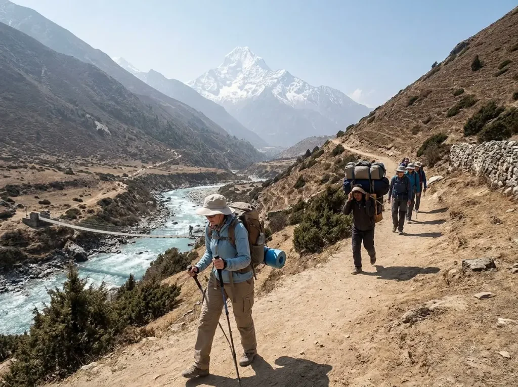 Trekkers and a porter on the Khumbu Valley trail toward Everest Base Camp under hard sun