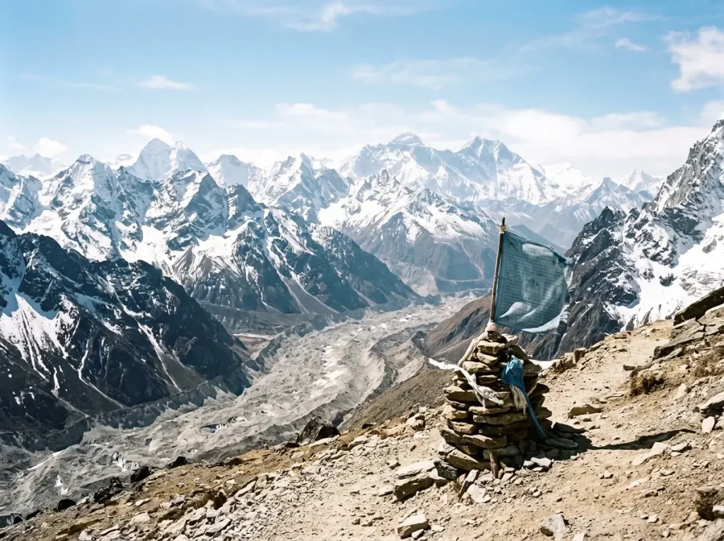 Wide view of the Mahalangur Himal range with the Khumbu Glacier moraine winding below