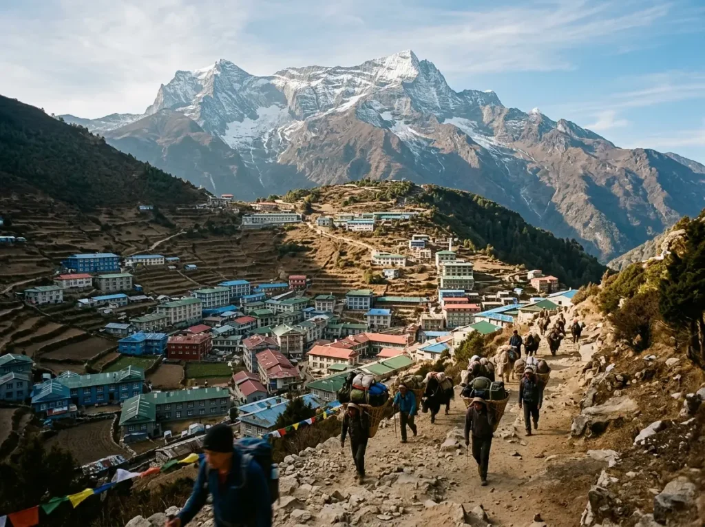 Terraced town of Namche Bazaar below Himalayan peaks on the trek toward Everest