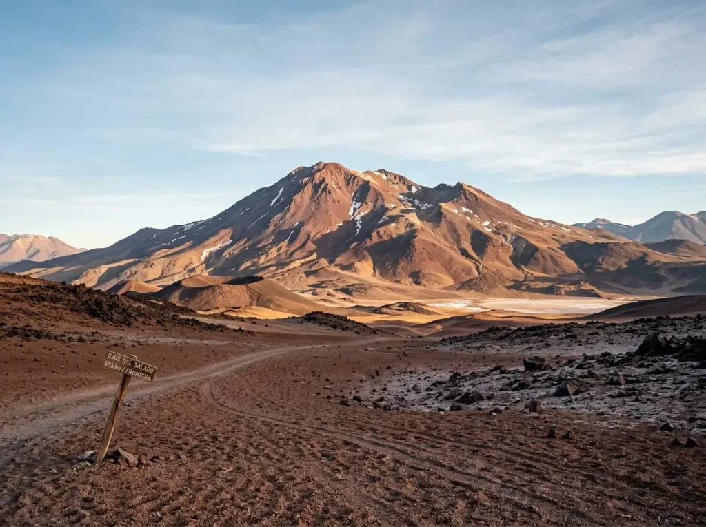 Ojos del Salado, the highest volcano on Earth, a red-brown cone in the Atacama high desert