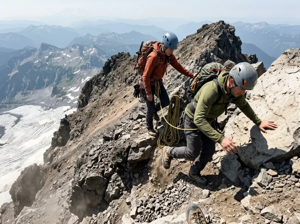 Two roped climbers scramble the bare, snow-free rock of Disappointment Cleaver on Mount Rainier in July, crampons stowed.