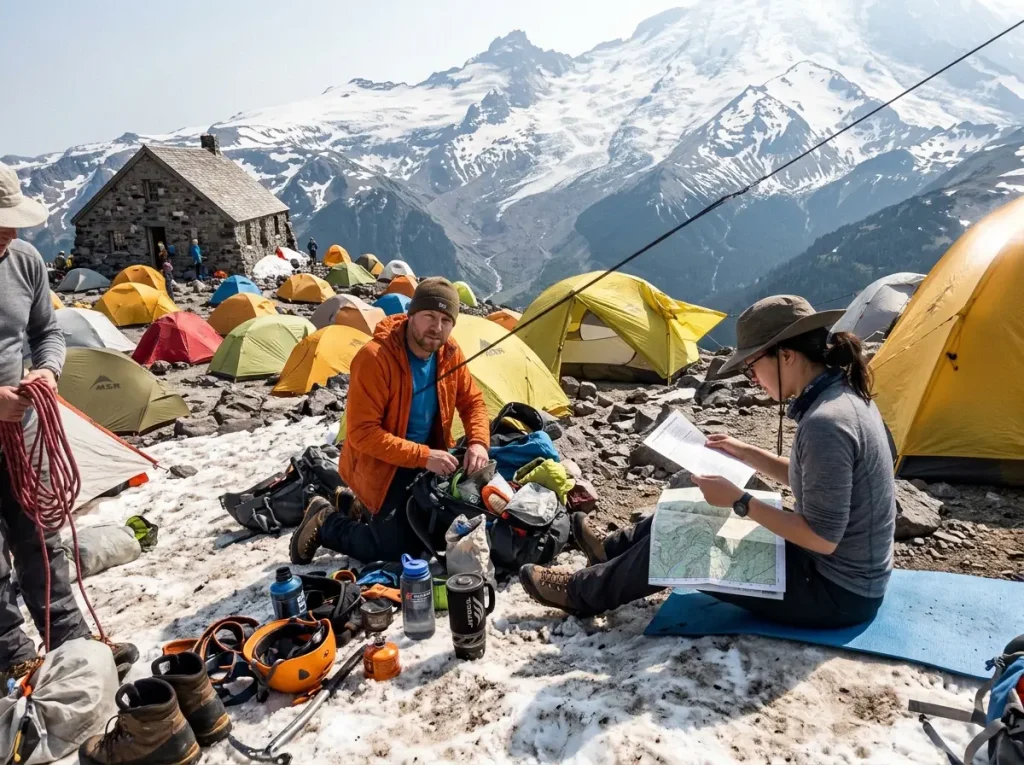 Climbers organize gear and permits among tents outside the stone shelter at Camp Muir on Mount Rainier in the afternoon.