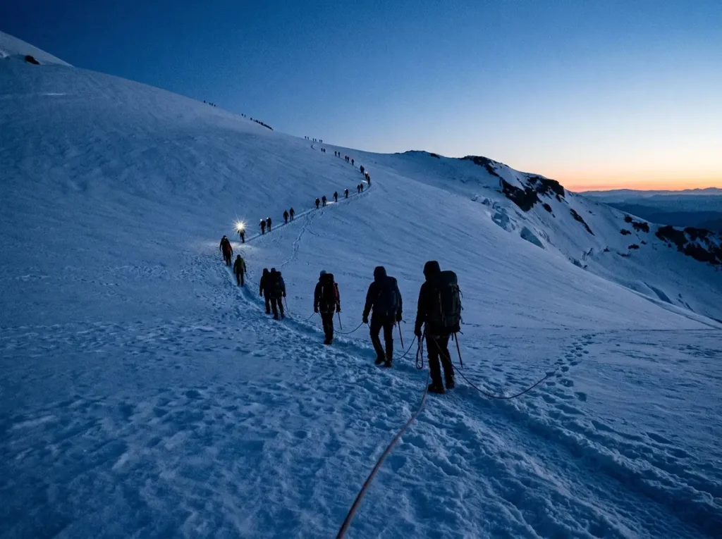 A long line of roped climbing teams with headlamps ascends the crowded boot pack on Mount Rainier before dawn.