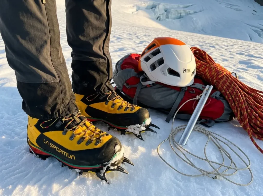 La Sportiva Nepal Evo GTX boots with crampons and a Petzl Meteor helmet on Mount Rainier's glacier in morning light.