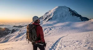 Rainier in July Trades Storms for Crowds and Ladders A mountaineer on a summer snowfield high on Mount Rainier looks up toward the glaciated summit in golden morning light.