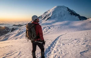 Rainier in July Trades Storms for Crowds and Ladders A mountaineer on a summer snowfield high on Mount Rainier looks up toward the glaciated summit in golden morning light.