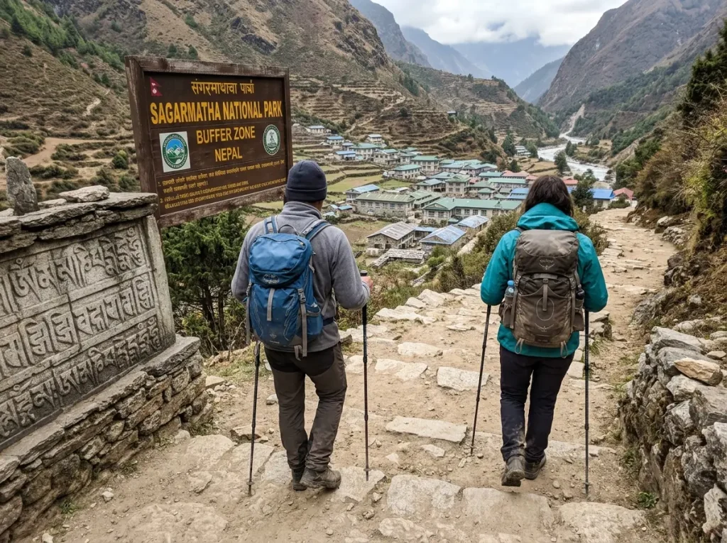 Trekkers on the Sagarmatha National Park trail above Namche Bazaar on Everest's Nepal side