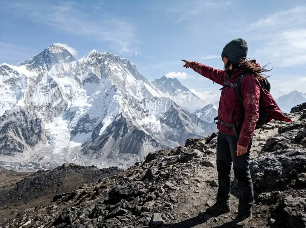 Trekker at Kala Patthar pointing to Everest's summit hidden behind the Nuptse wall