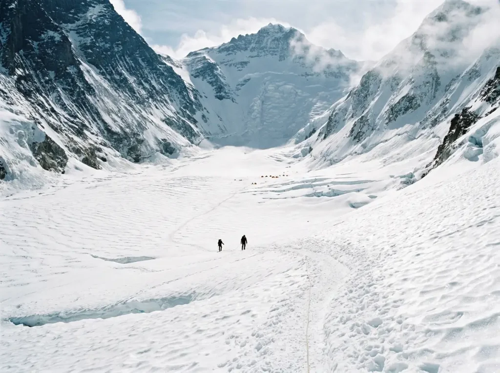 The flat Western Cwm glacial basin above the Khumbu Icefall on Everest's south side
