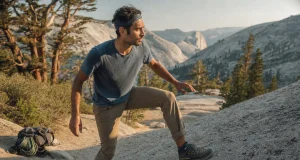 Hiking vs Climbing Shoes Why Boots Skate on Rock Climber in approach shoes standing on granite slab where the hiking trail ends, hiking vs climbing shoes