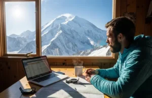 Alpine Climb Budgeting: A Step-by-Step Framework (2025) A mountaineer meticulously plans an expedition on a laptop at a table, with a majestic snow-covered mountain peak visible through a window, illustrating the alpine climb budgeting framework.
