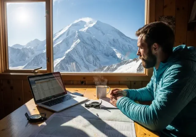A mountaineer meticulously plans an expedition on a laptop at a table, with a majestic snow-covered mountain peak visible through a window, illustrating the alpine climb budgeting framework.