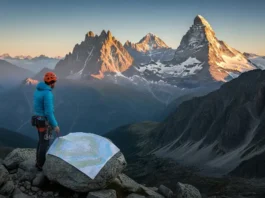 A climber studies a map while looking out at a vast alpine panorama representing the choice between Chamonix, Zermatt, and Courmayeur.
