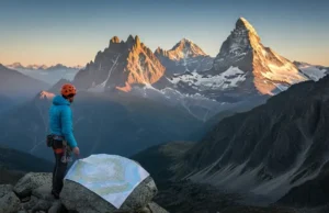 The Climber’s Scorecard: Chamonix vs Zermatt vs Courmayeur A climber studies a map while looking out at a vast alpine panorama representing the choice between Chamonix, Zermatt, and Courmayeur.