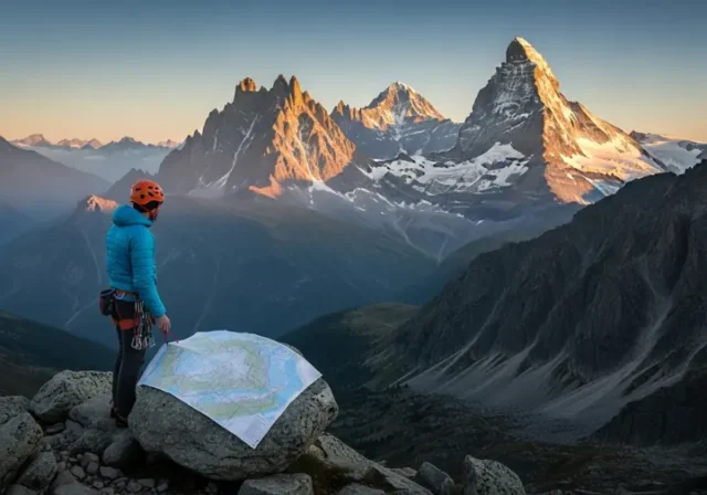 A climber studies a map while looking out at a vast alpine panorama representing the choice between Chamonix, Zermatt, and Courmayeur.