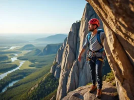 A climber considers their next move on a high cliff ledge, symbolizing the strategic choice between low carb, keto, or carnivore diets for performance.