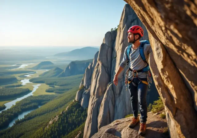 A climber considers their next move on a high cliff ledge, symbolizing the strategic choice between low carb, keto, or carnivore diets for performance.